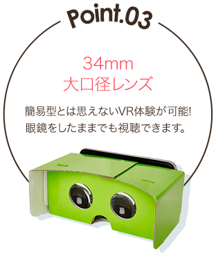 34mm大口径レンズ 簡易型とは思えないVR体験が可能!眼鏡をしたままでも視聴できます。