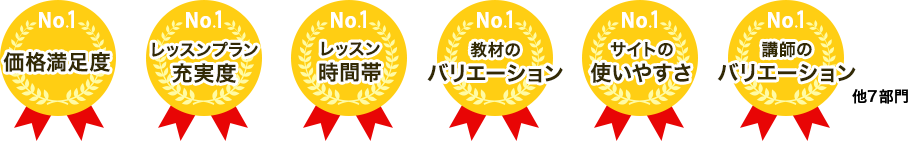 価格満足度No.1 レッスンプラン充実度No.1 レッスン時間帯No.1 教材のバリエーシィンNo.1 サイトの使いやすさNo.1 講師のバリエーションNo.1 他7部門