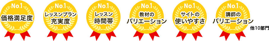 価格満足度No.1 レッスンプラン充実度No.1 レッスン時間帯No.1 教材のバリエーシィンNo.1 サイトの使いやすさNo.1 講師のバリエーションNo.1 他7部門