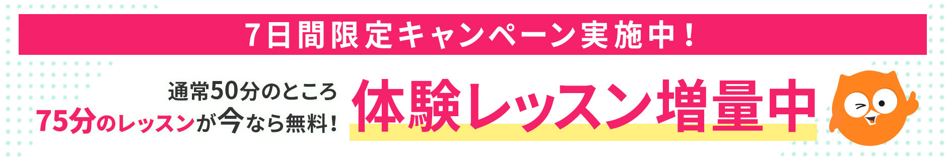 7日間限定キャンペーン実施中!通常50分のところ75分のレッスンが今なら無料!体験レッスン増量中